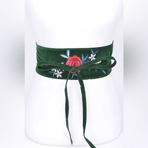 Rose Embroidered Vegan Suede Wrap Statement Belt